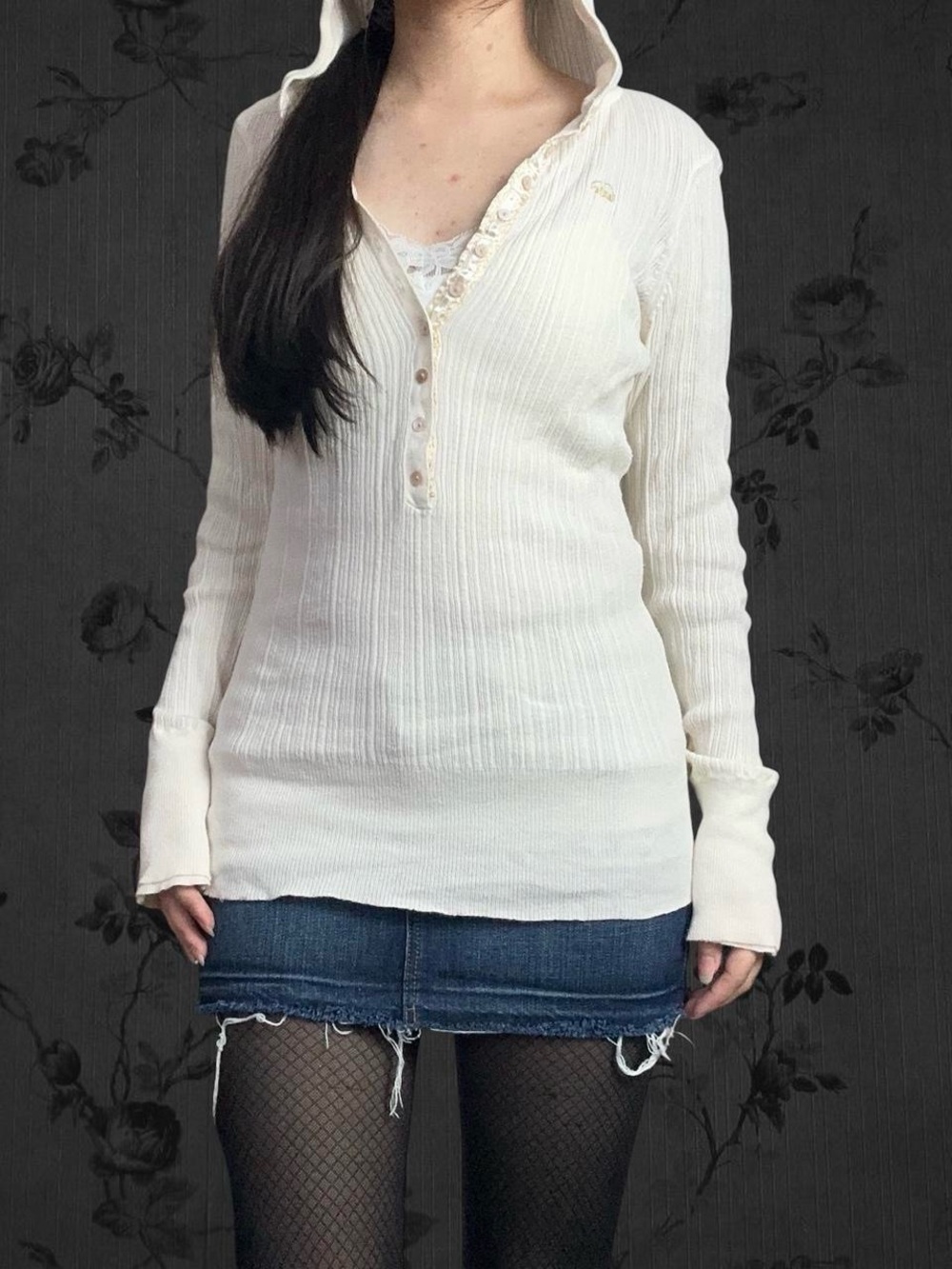 sweater project y2k cotton off white/cream colored hooded button henley sweater